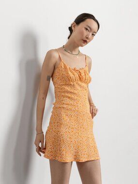 FLORAL MINI DRESS Orange Yellow Spaghetti Straps Vintage / Small